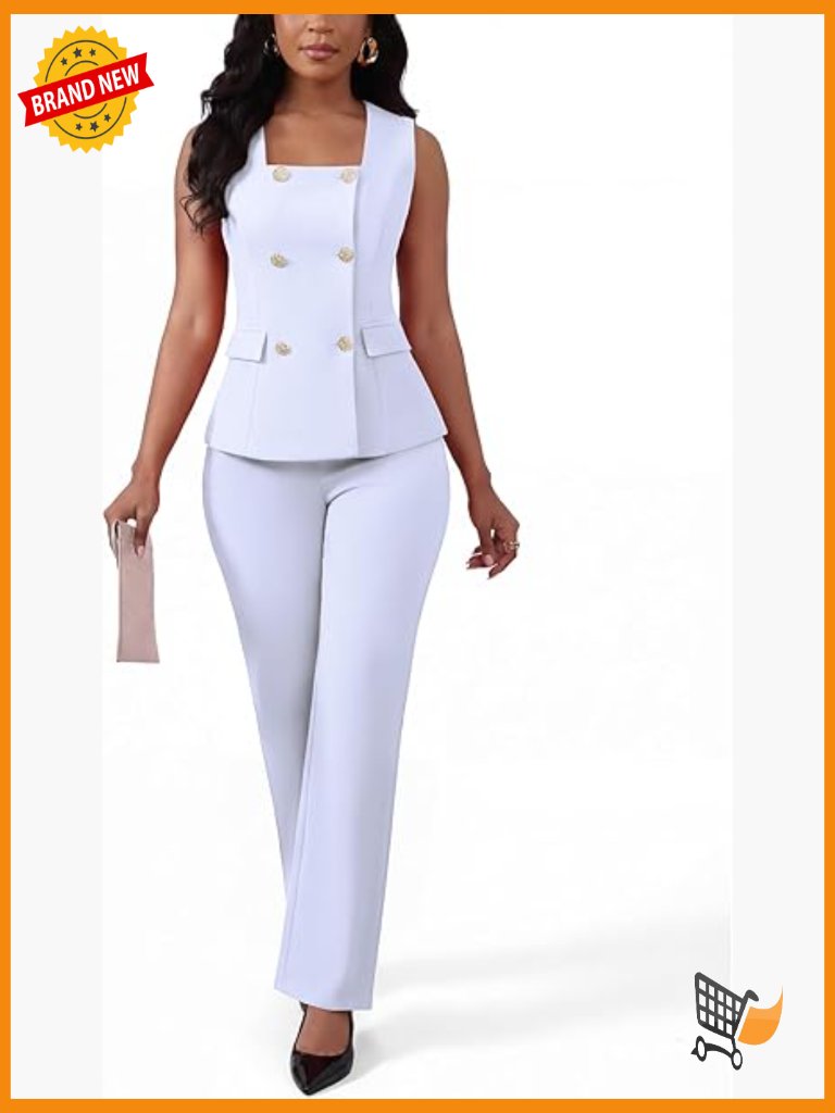 2 Piece Blazer Outfits Square Neck Vest High Waist Pants Suit Set Business